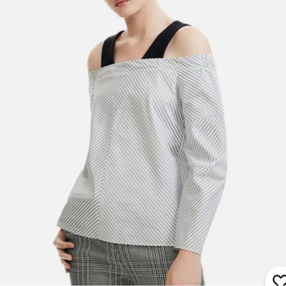 Maje Larma Cold Shoulder Striped Long Sleeve Gray White Top 1 SMALL